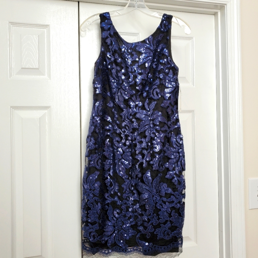 Blue & Black Sequin Lace Cocktail Dress NEW
